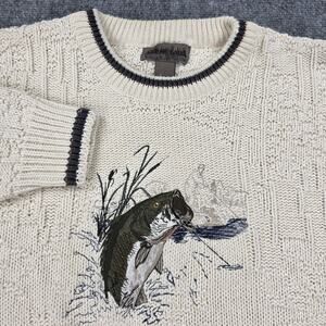Cedar Falls Sweater Mens XL Cream Cotton Crewneck Fish Embroidered Knit USA Made